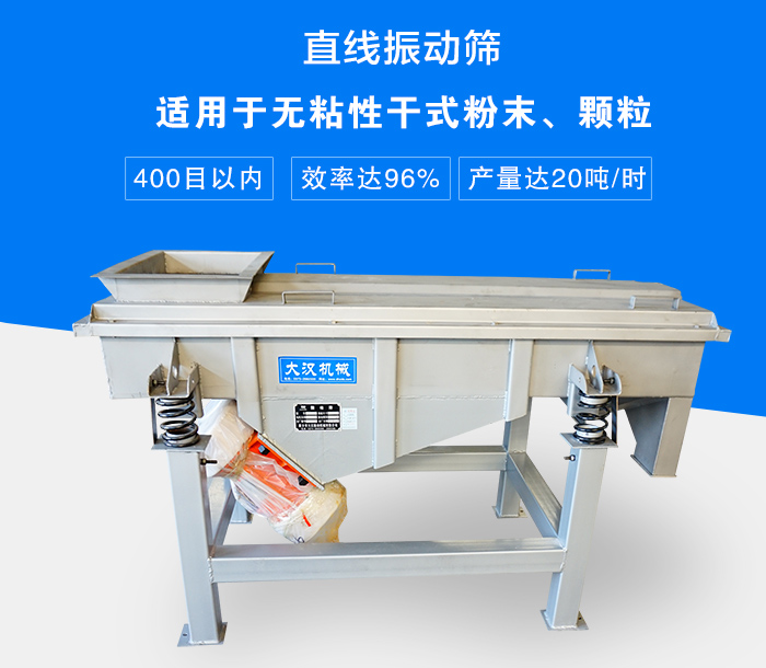直線振動(dòng)篩適用于無(wú)粘性干式粉末、顆粒,產(chǎn)量達(dá)20噸/時(shí)